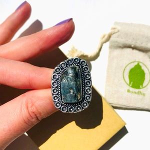 Raw Kyanite with Pyrite gem stone crystal oblong Ring sterling silver 925 Size 7